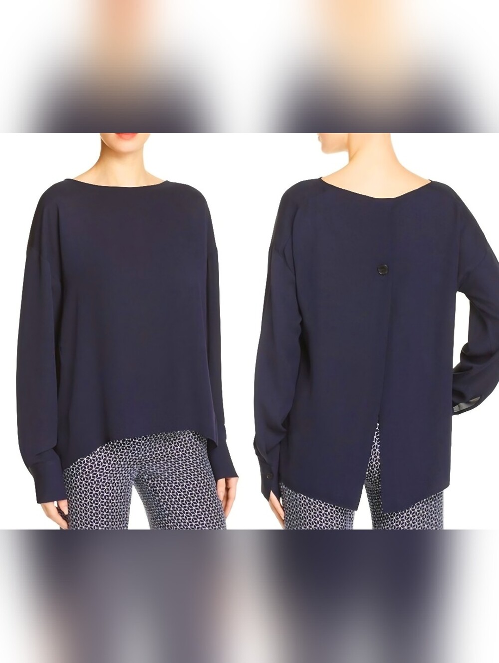 Theory Women's Navy Blue Silk Blouse Long Sleeves Jarthstin Open Back Sz P